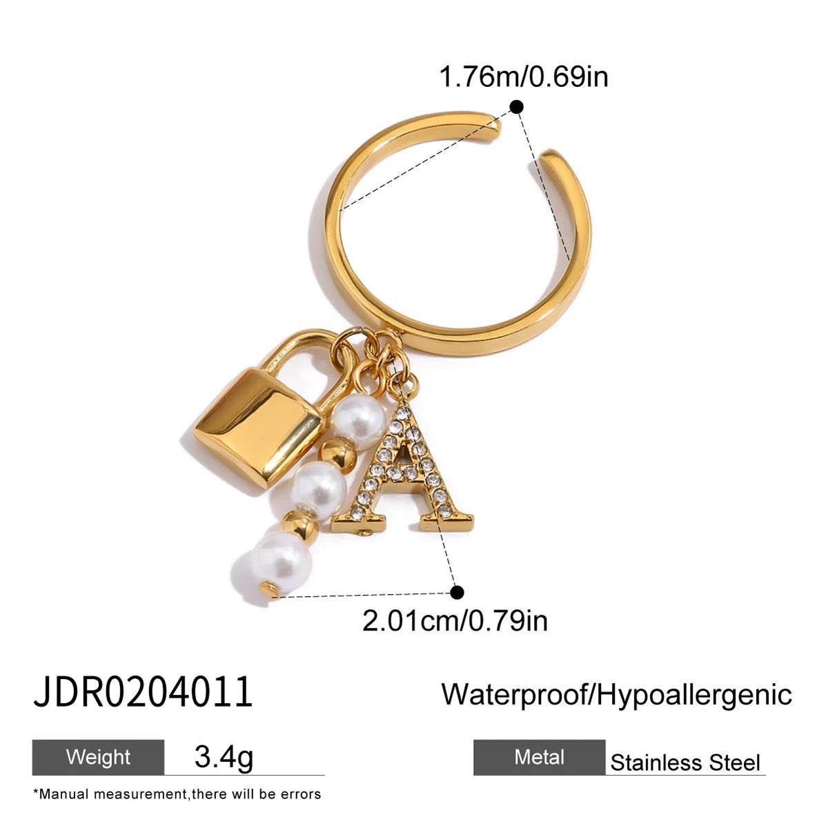 2025 Fashion Personality Girl's Pearl Heart Letter Multi-pendant Open Ring 18K Gold-plated Stainless Steel Waterproof Jewelry