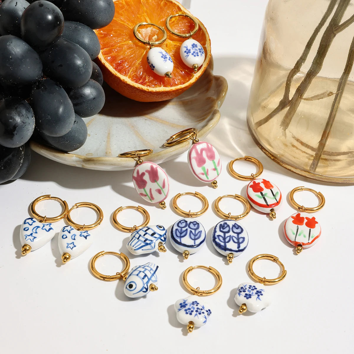 2025 Women's Cute Colorful Ceramic Flower Pendant Earrings 18K Gold-plated Stainless Steel Ear Buckles Waterproof Daily Jewelry