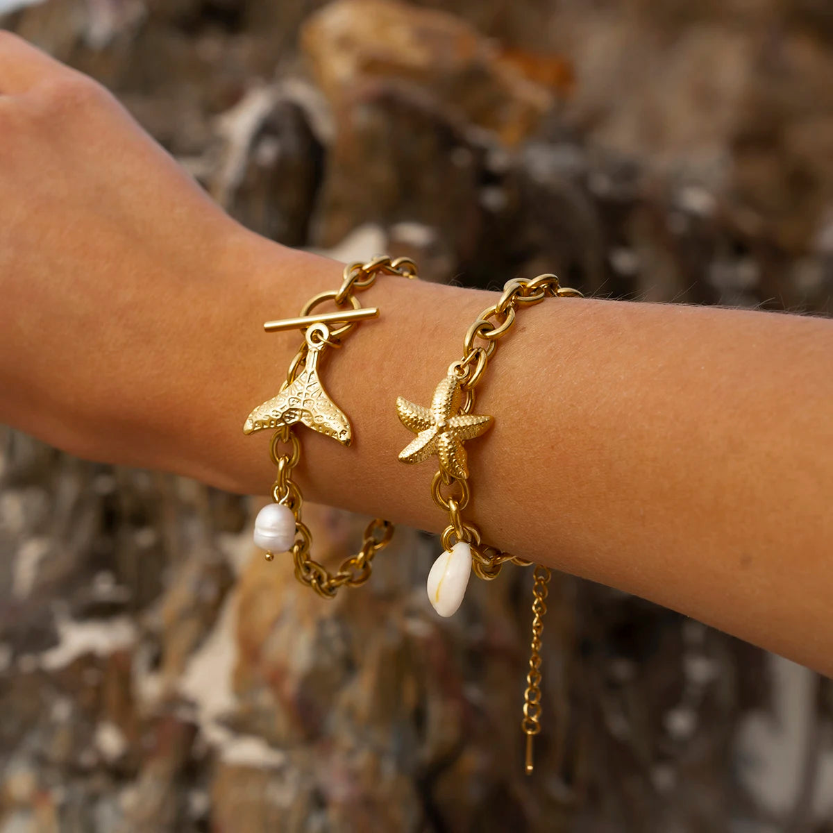 2025 Women's Trendy Holiday Style Conch Pendant Bracelet 18K Gold-plated Stainless Steel Chain Waterproof Jewelry for Vacation
