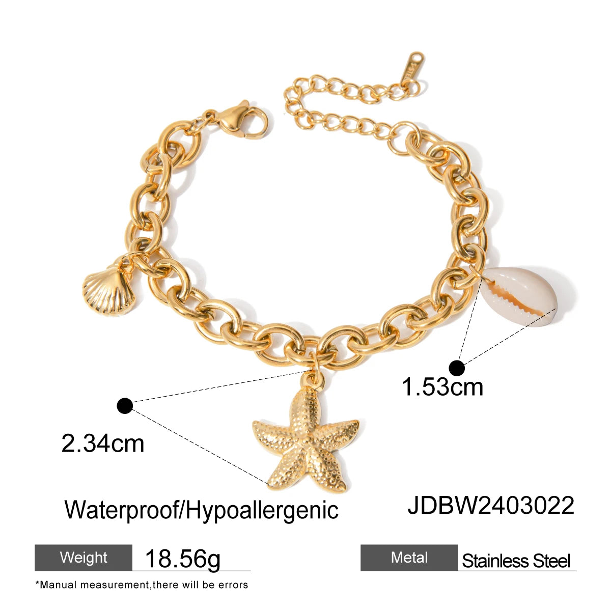 2025 Women's Trendy Holiday Style Conch Pendant Bracelet 18K Gold-plated Stainless Steel Chain Waterproof Jewelry for Vacation
