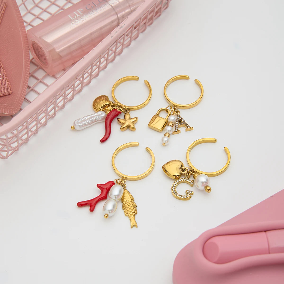 2025 Fashion Personality Girl's Pearl Heart Letter Multi-pendant Open Ring 18K Gold-plated Stainless Steel Waterproof Jewelry