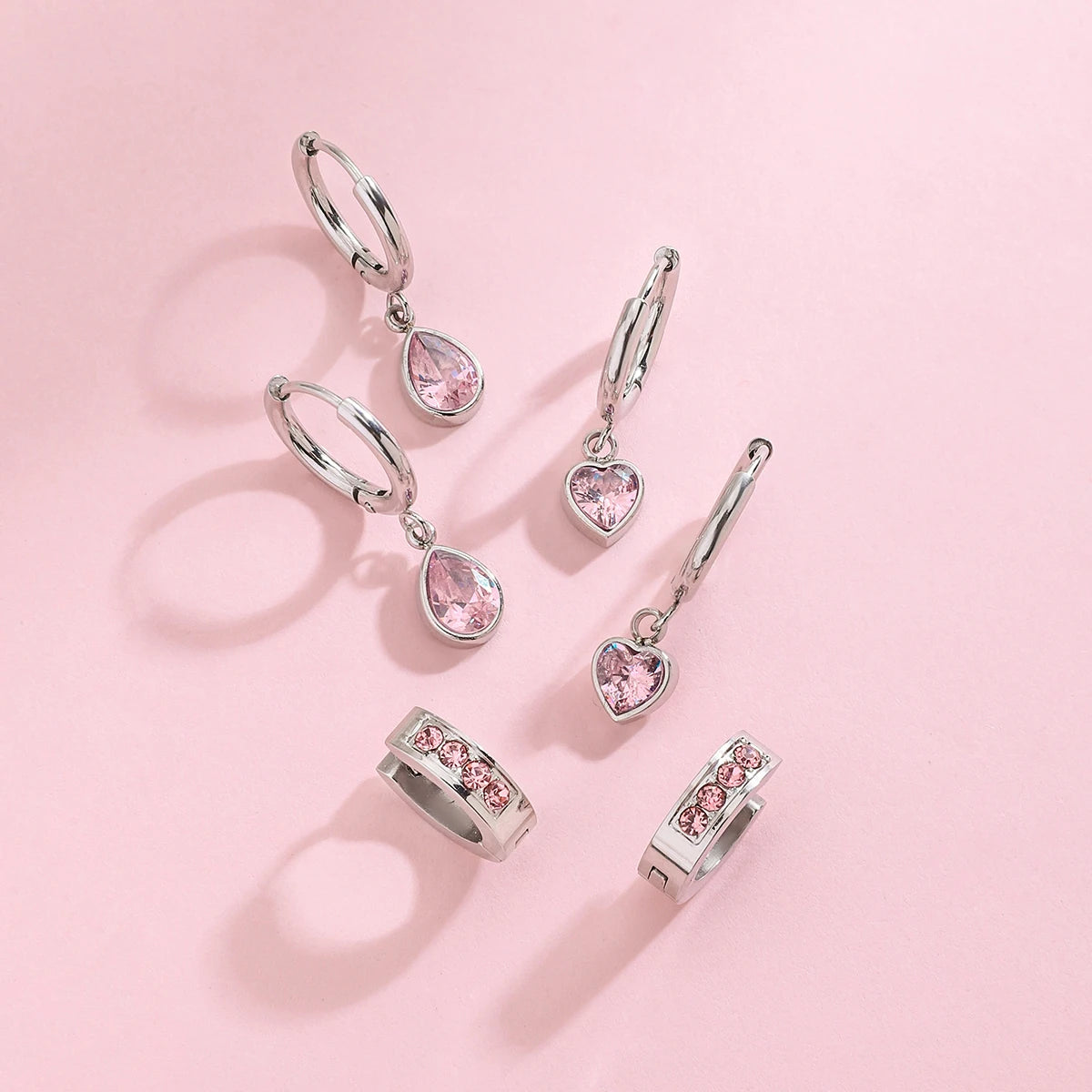 2025 Women's Cute Sweet Pink Zircon Stainless Steel Earrings Steel Color Can be Worn Daily or as a Gift