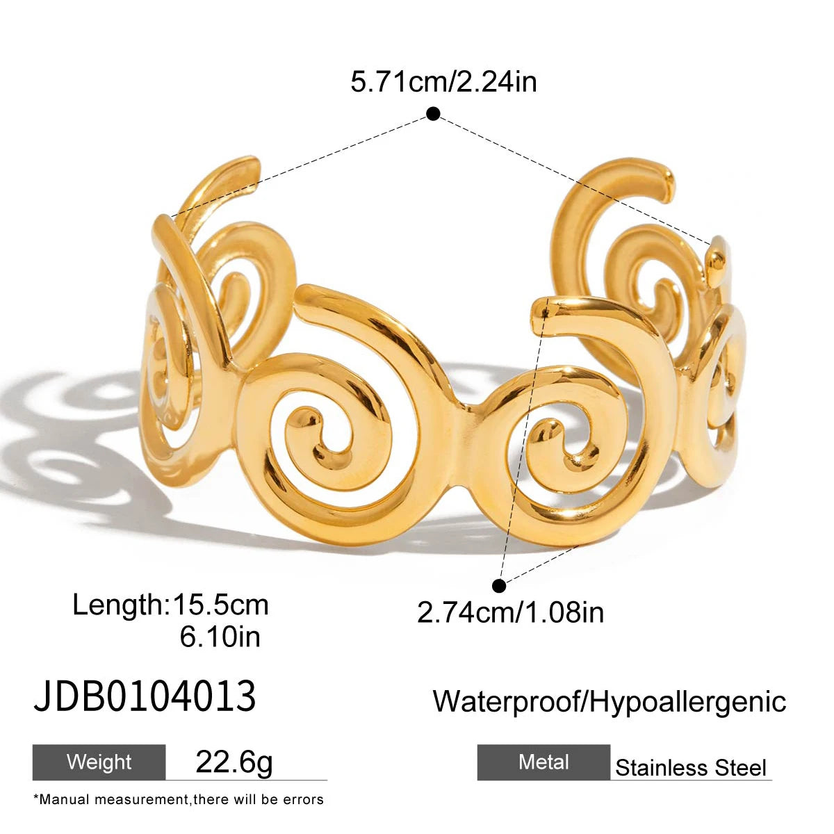 2025 Women's Holiday Style Ribbed Starfish Shell Design Open Bracelet 18K Gold Plated Stainless Steel Waterproof Jewelry