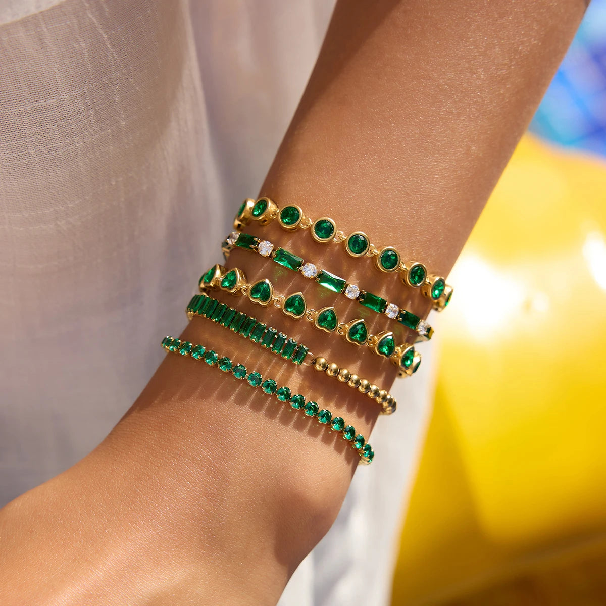 2025 Women's Fashion Trend Green Zircon Tennis Chain Bracelet 18K Gold-plated Stainless Steel All-match Jewelry for Daily Party