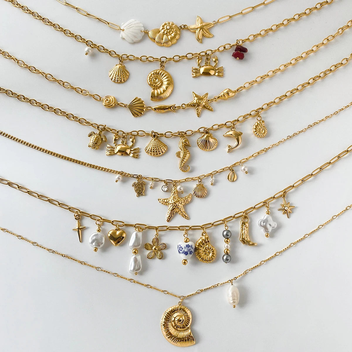 2025 Bohemian Style Multi-pendant Marine Element Shell Necklace 18K Gold-plated Stainless Steel Trend Jewelry can be Stacked