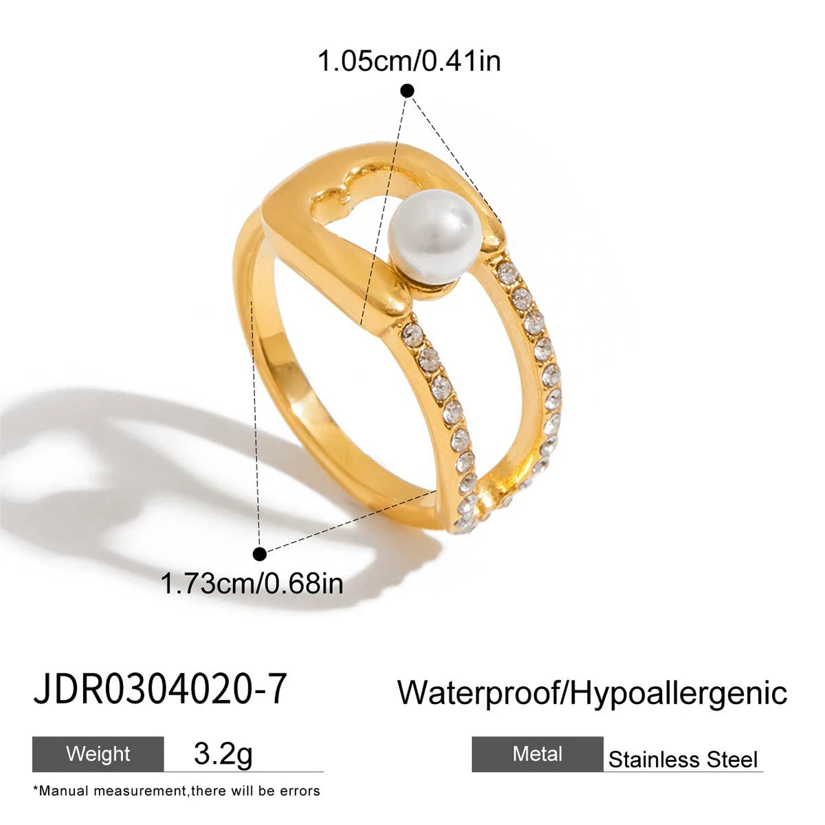 2025 Women's Daily Fashion Paperclip Design Closed Ring 18K Gold Plated Stainless Steel Pearl Rhinestone Decoration Jewelry