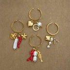 2025 Fashion Personality Girl's Pearl Heart Letter Multi-pendant Open Ring 18K Gold-plated Stainless Steel Waterproof Jewelry