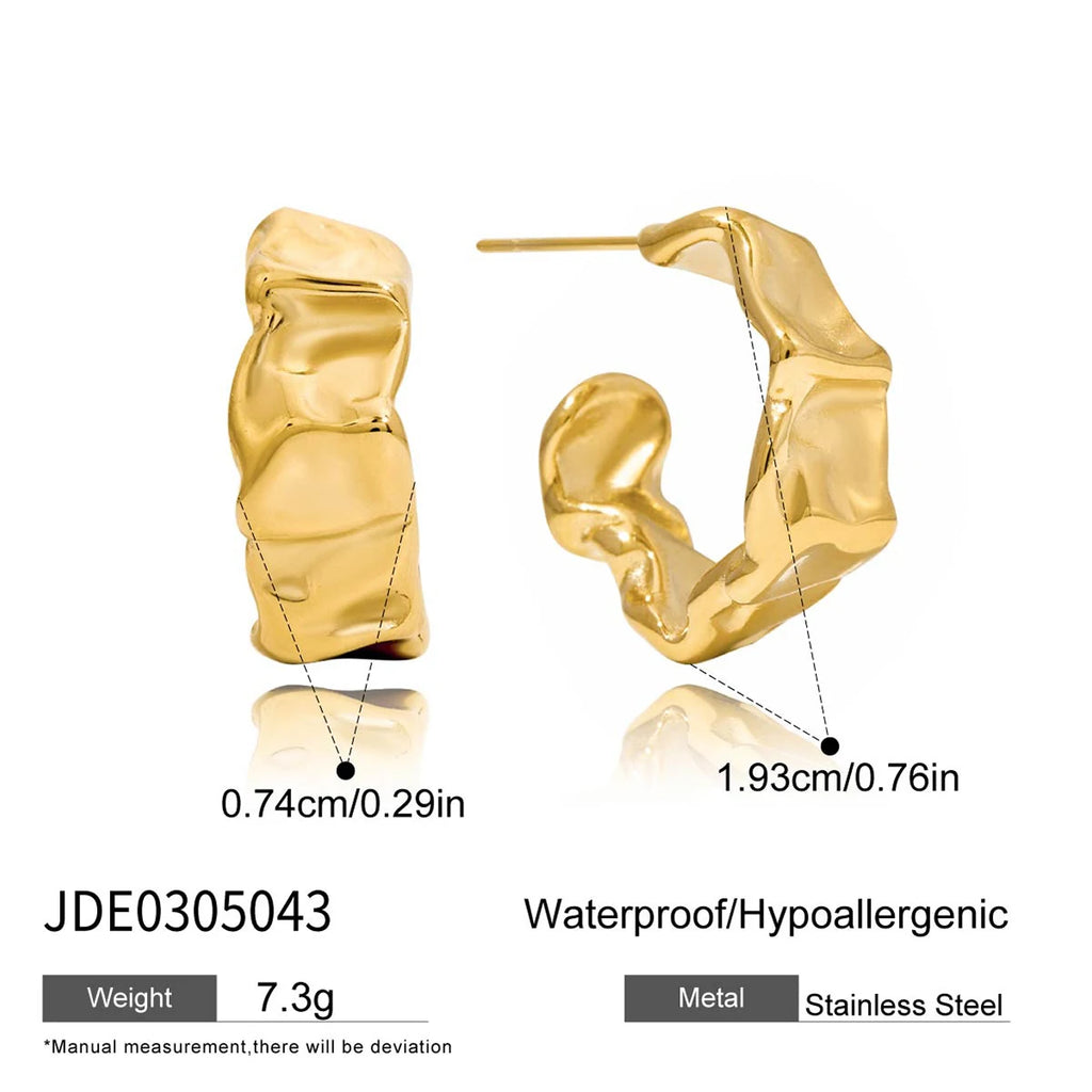 2025 Minimalist Classic 18K Gold Color Plated Wave Hammer Texture C-Shaped Earrings Hypoallergenic Stainless Steel Women Jewelry