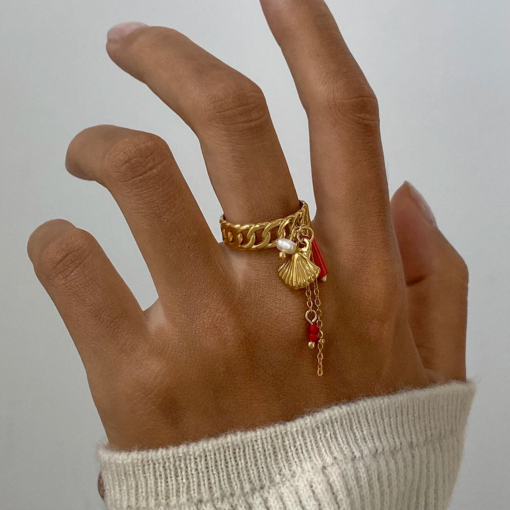2025 Boho Adjustable Tassel Ring Gold Plated Stainless Steel Chain Coral Pearl Shell Charm Beach Vacation Jewelry