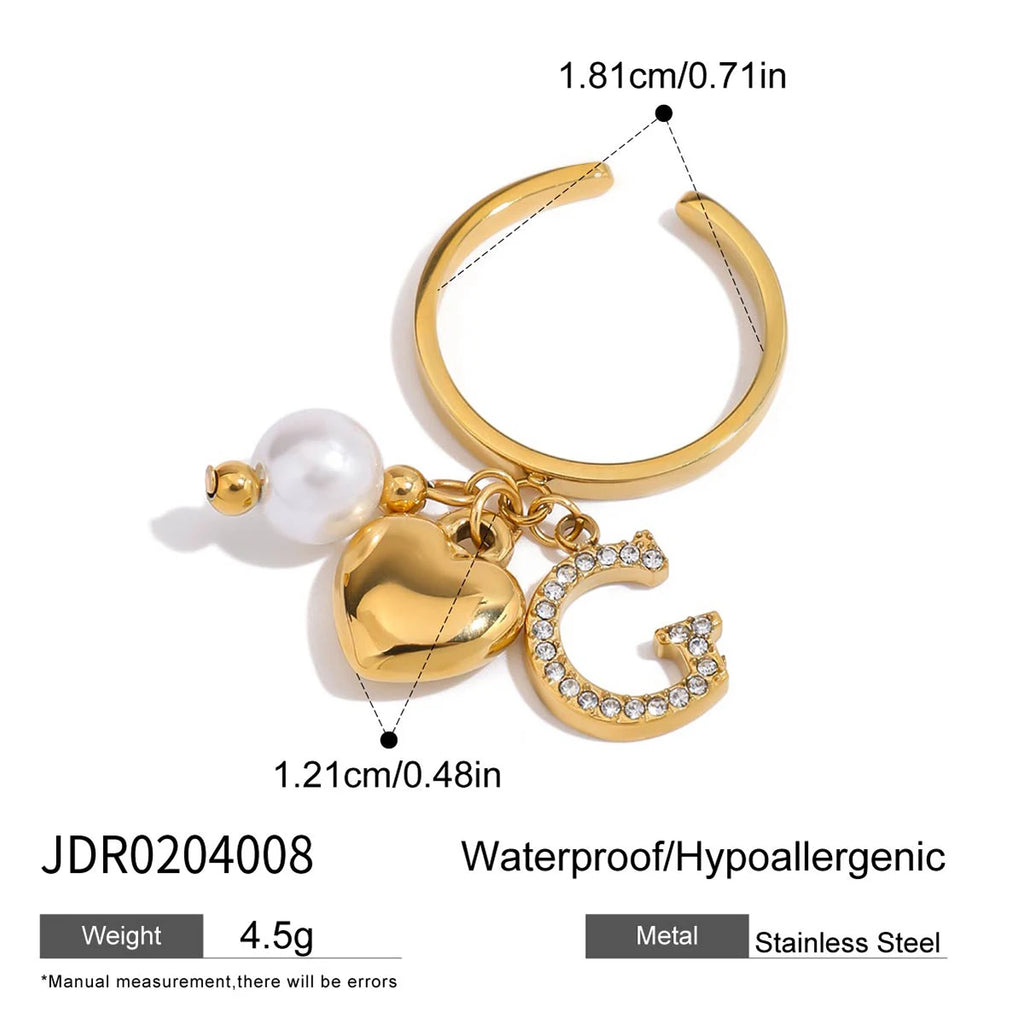 2025 Fashion Personality Girl's Pearl Heart Letter Multi-pendant Open Ring 18K Gold-plated Stainless Steel Waterproof Jewelry
