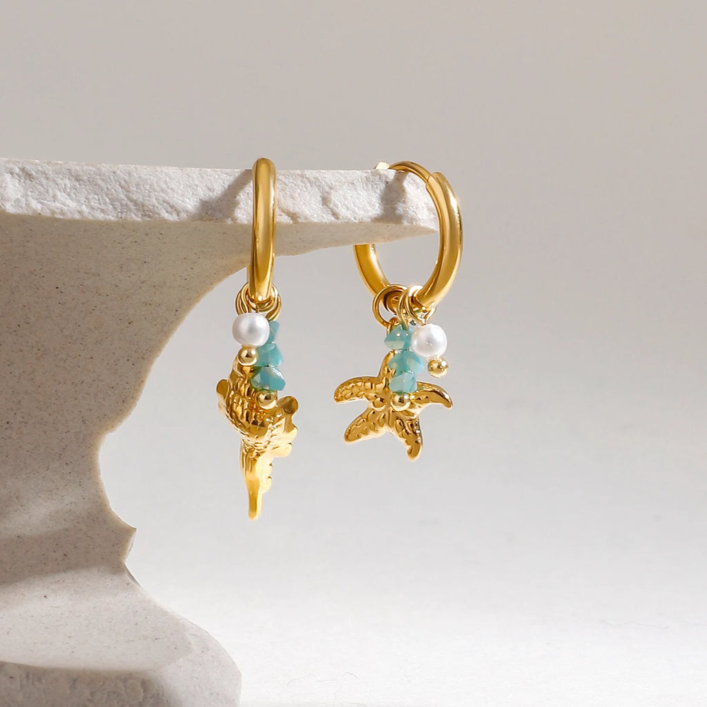 2025 Summer Holiday Hammer Pattern Starfish Conch Pendant Earrings 18K Gold-plated Stainless Steel AB Style Women's Jewelry