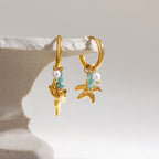 2025 Summer Holiday Hammer Pattern Starfish Conch Pendant Earrings 18K Gold-plated Stainless Steel AB Style Women's Jewelry