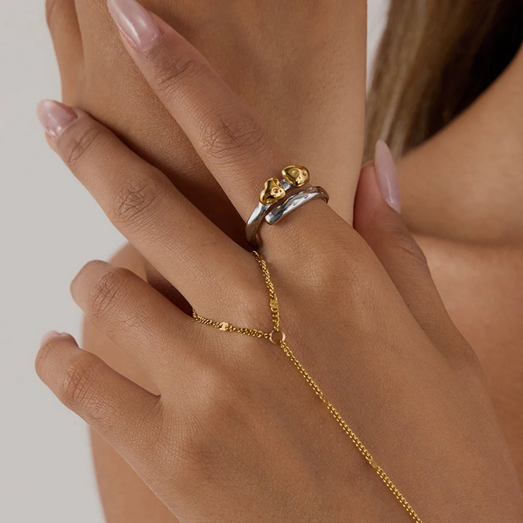 2025 Women's Minimalist Line Heart Open Ring 18K Gold-plated Stainless Steel Two-tone Waterproof Jewelry for Daily Vacation