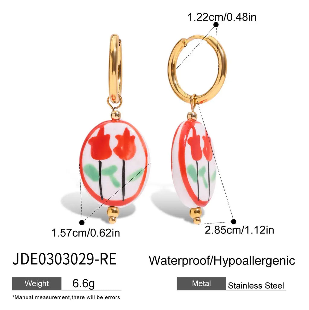 2025 Women's Cute Colorful Ceramic Flower Pendant Earrings 18K Gold-plated Stainless Steel Ear Buckles Waterproof Daily Jewelry