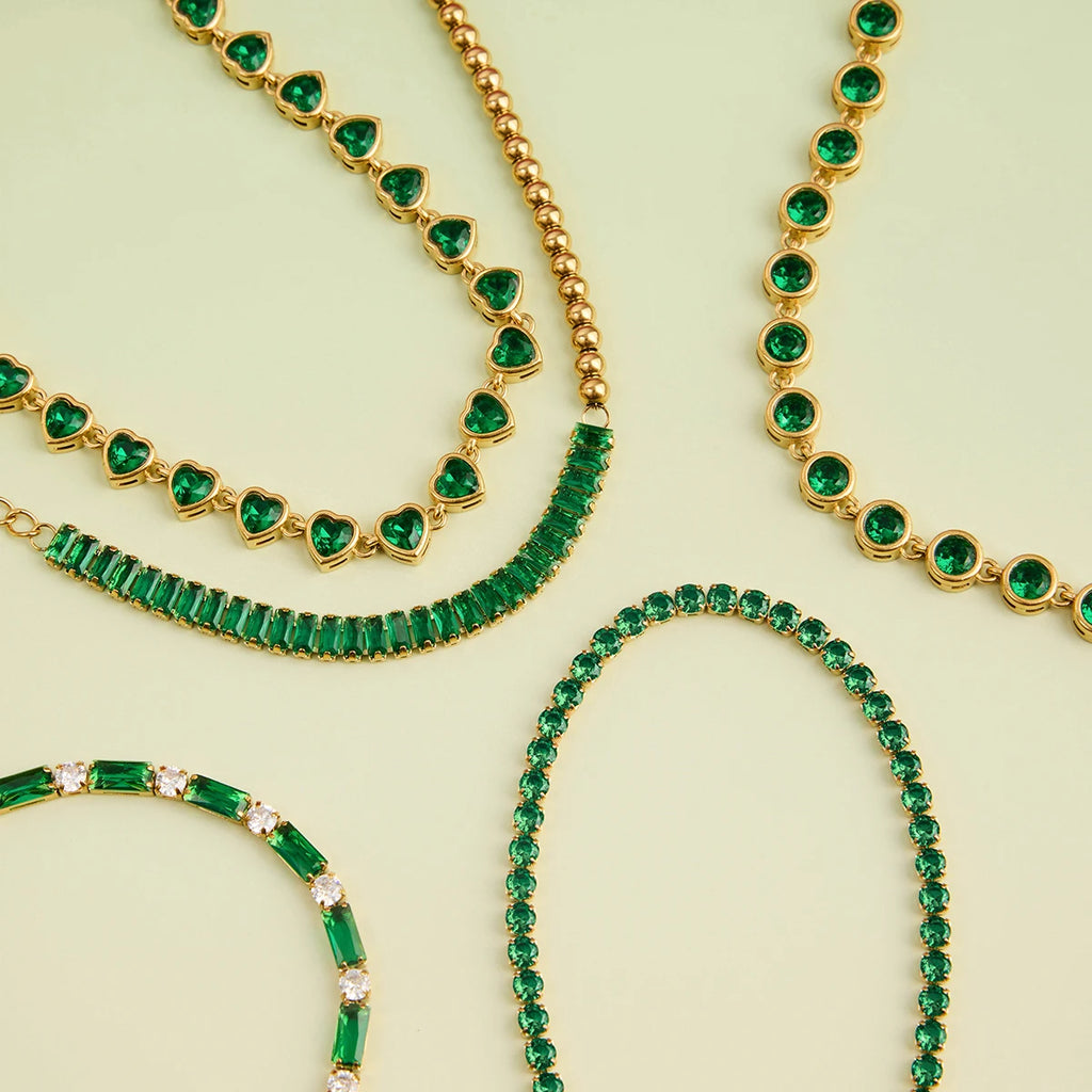 2025 Women's Fashion Trend Green Zircon Tennis Chain Bracelet 18K Gold-plated Stainless Steel All-match Jewelry for Daily Party