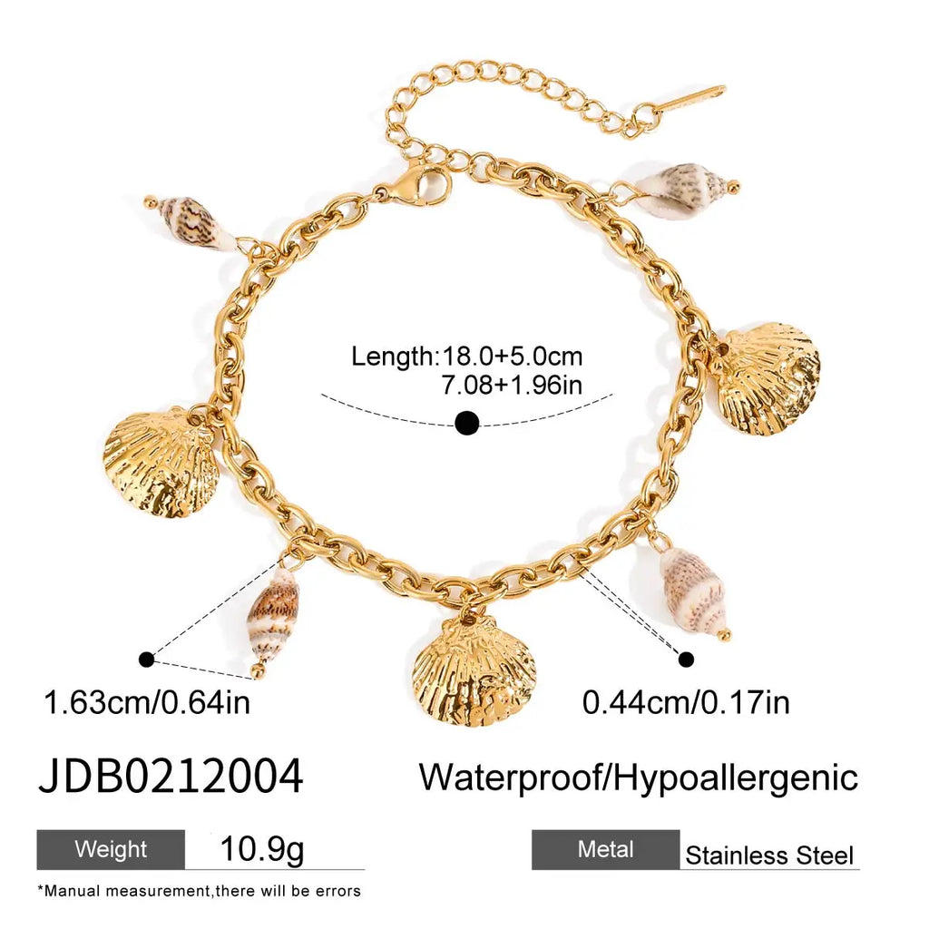 2025 Women's Trendy Holiday Style Conch Pendant Bracelet 18K Gold-plated Stainless Steel Chain Waterproof Jewelry for Vacation