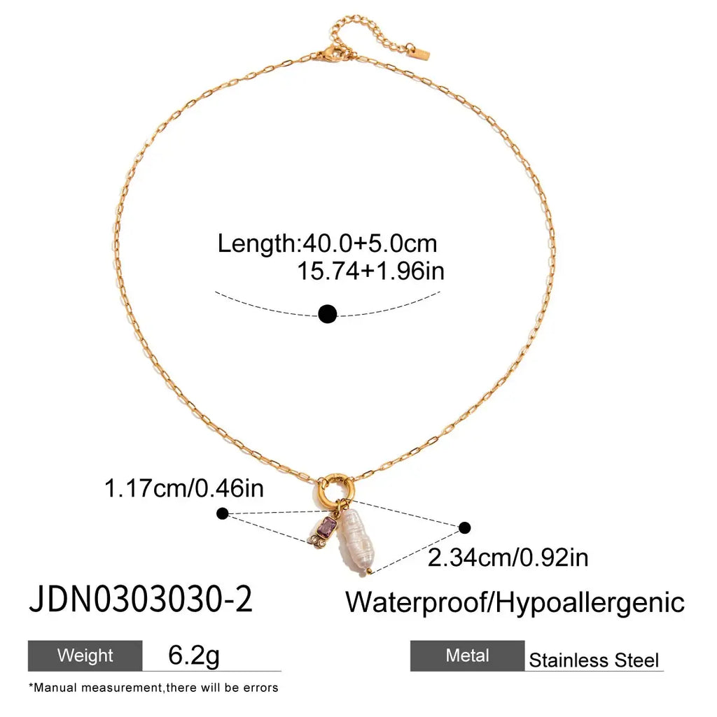 2025 Women's Simple DIY Freshwater Pearl Colored Zircon Pendant Necklace Birthstone 18K Gold-plated Stainless Steel Jewelry