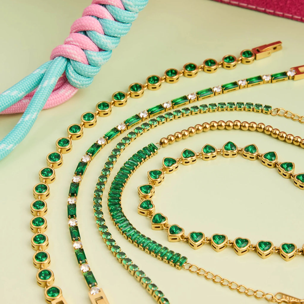 2025 Women's Fashion Trend Green Zircon Tennis Chain Bracelet 18K Gold-plated Stainless Steel All-match Jewelry for Daily Party