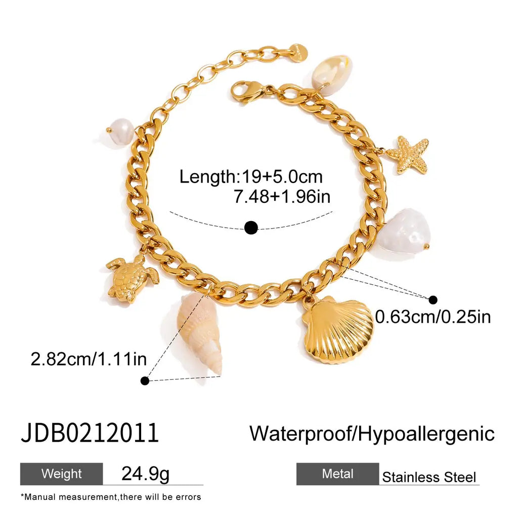 2025 Women's Trendy Holiday Style Conch Pendant Bracelet 18K Gold-plated Stainless Steel Chain Waterproof Jewelry for Vacation