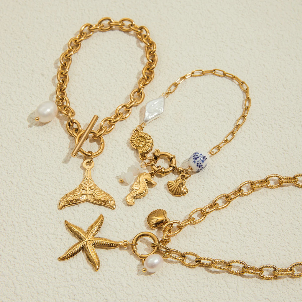 2025 Women's Trendy Holiday Style Conch Pendant Bracelet 18K Gold-plated Stainless Steel Chain Waterproof Jewelry for Vacation