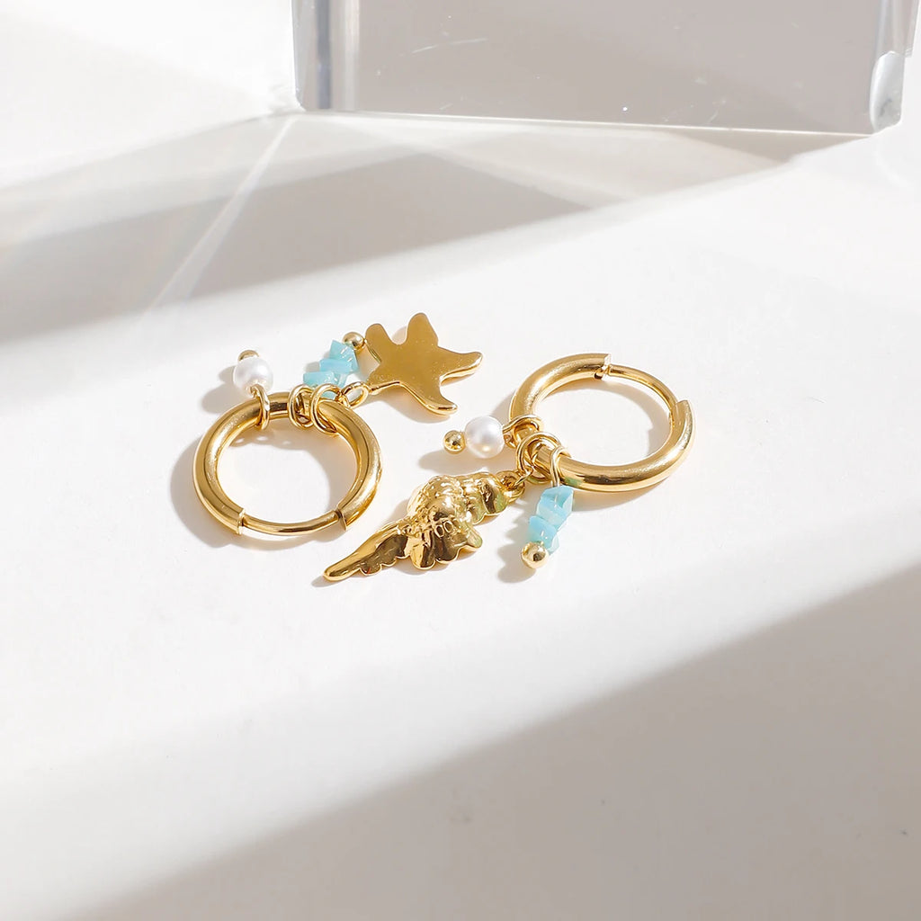 2025 Summer Holiday Hammer Pattern Starfish Conch Pendant Earrings 18K Gold-plated Stainless Steel AB Style Women's Jewelry