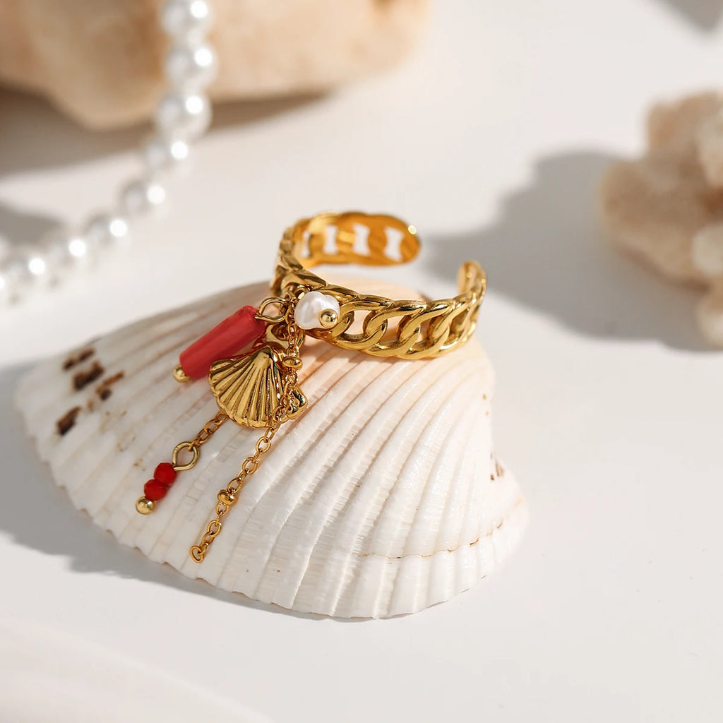 2025 Boho Adjustable Tassel Ring Gold Plated Stainless Steel Chain Coral Pearl Shell Charm Beach Vacation Jewelry