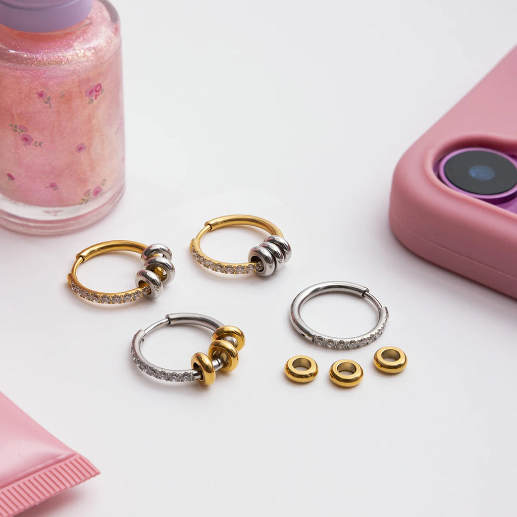 2025 Daily Simple Rhinestone Circle Earrings 18K Gold-plated Stainless Steel Removable Ring Waterproof Girl's Jewelry