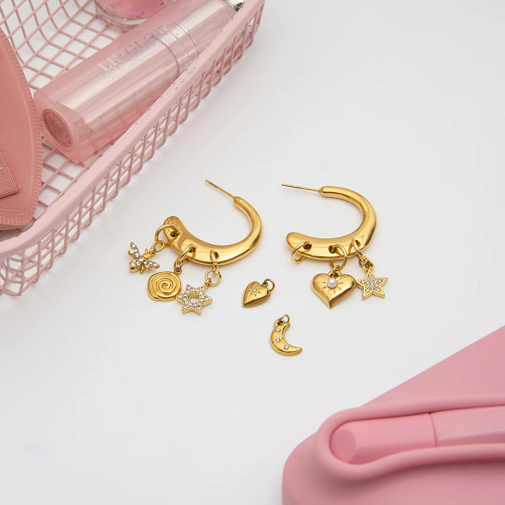 2025 Fashionable Women's C-shaped Earrings 18K Gold-plated Stainless Steel Multi-pendant Earrings can be DIY Pendants Detachable