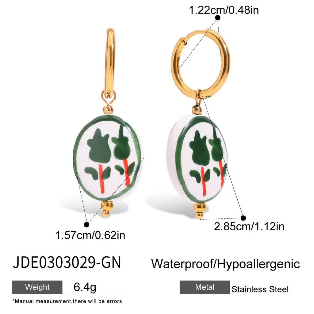 2025 Women's Cute Colorful Ceramic Flower Pendant Earrings 18K Gold-plated Stainless Steel Ear Buckles Waterproof Daily Jewelry
