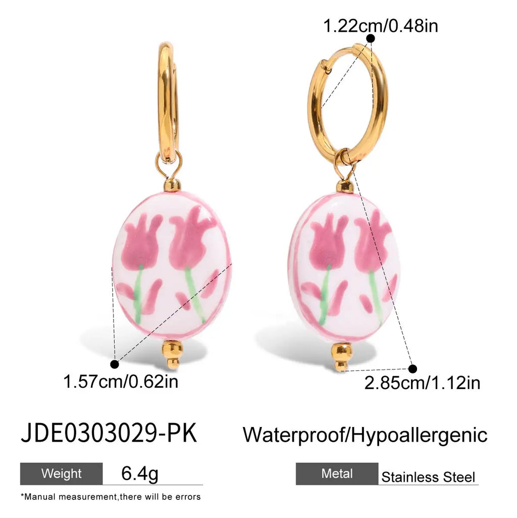 2025 Women's Cute Colorful Ceramic Flower Pendant Earrings 18K Gold-plated Stainless Steel Ear Buckles Waterproof Daily Jewelry