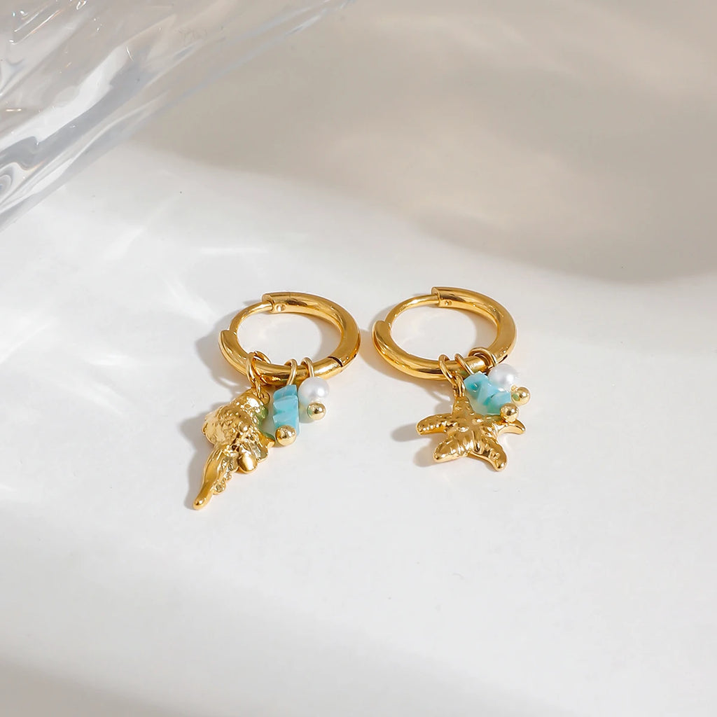 2025 Summer Holiday Hammer Pattern Starfish Conch Pendant Earrings 18K Gold-plated Stainless Steel AB Style Women's Jewelry