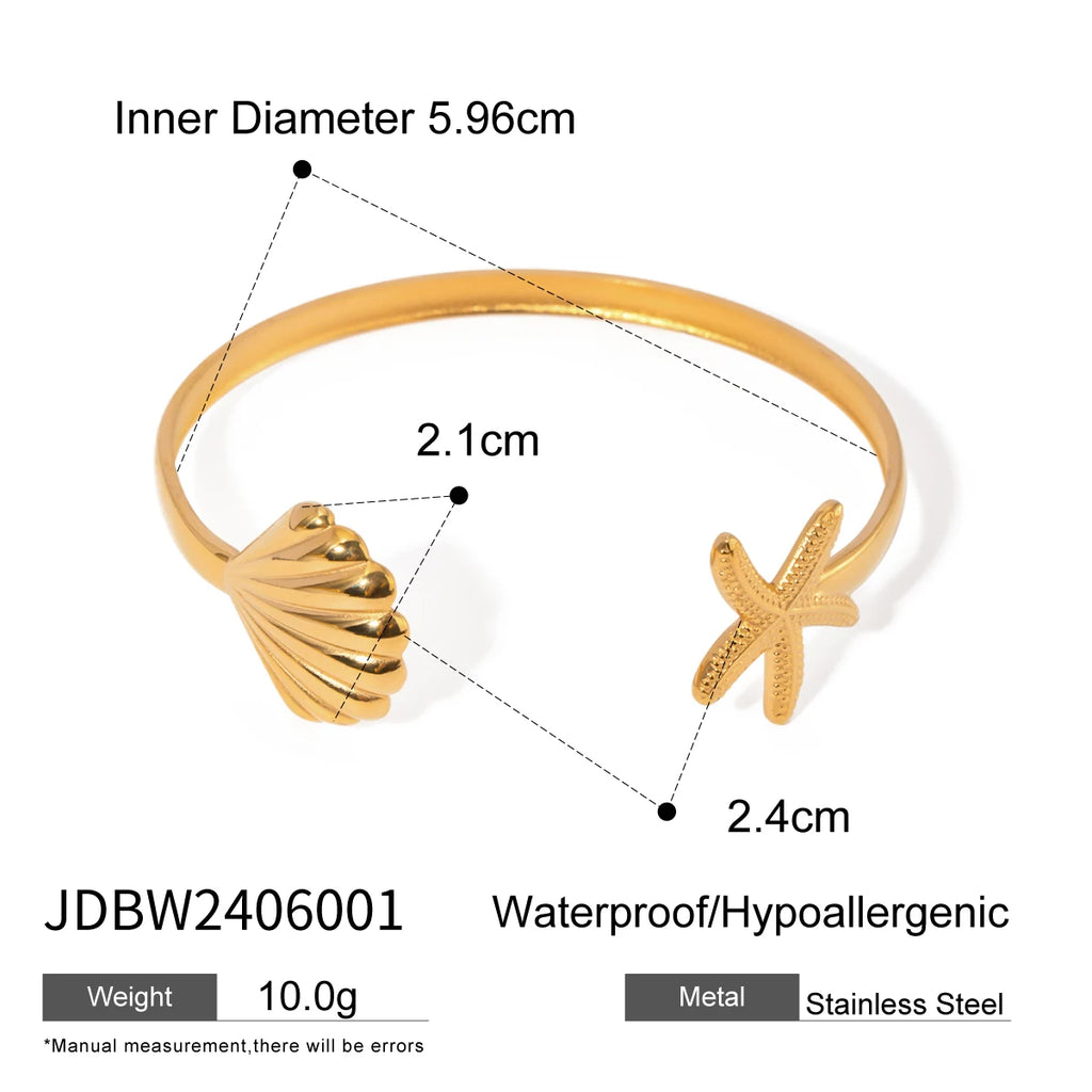2025 Women's Holiday Style Ribbed Starfish Shell Design Open Bracelet 18K Gold Plated Stainless Steel Waterproof Jewelry