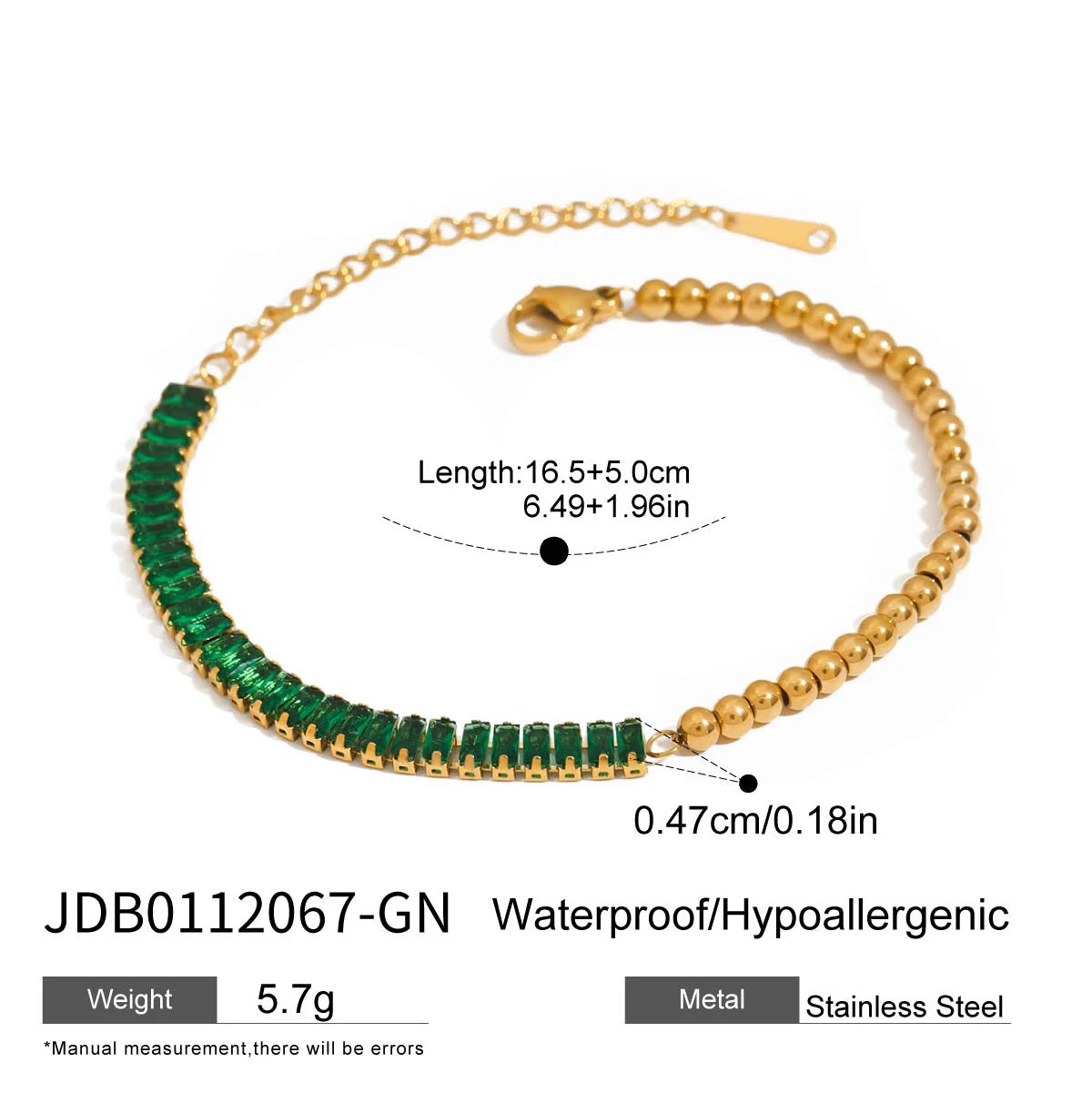2025 Women's Fashion Trend Green Zircon Tennis Chain Bracelet 18K Gold-plated Stainless Steel All-match Jewelry for Daily Party