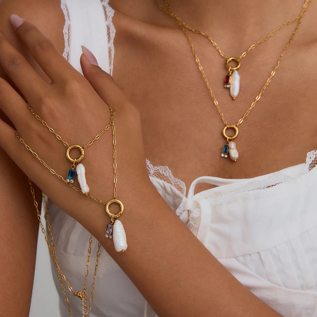 2025 Women's Simple DIY Freshwater Pearl Colored Zircon Pendant Necklace Birthstone 18K Gold-plated Stainless Steel Jewelry