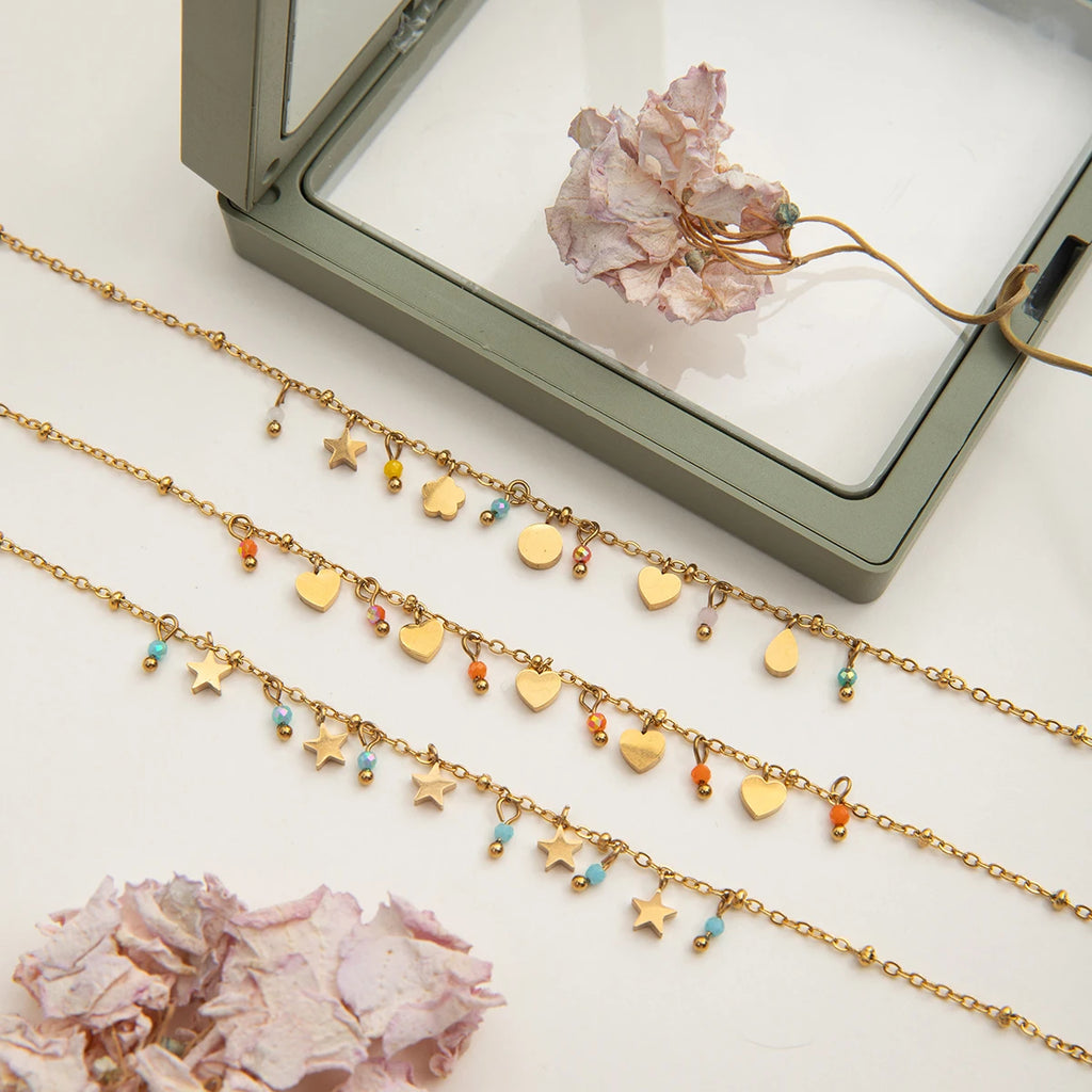 2025 Sweet Women's Colorful Crystal Multi-pendant Necklace 18K Gold-plated Stainless Steel Heart Star Pendant Waterproof Jewelry