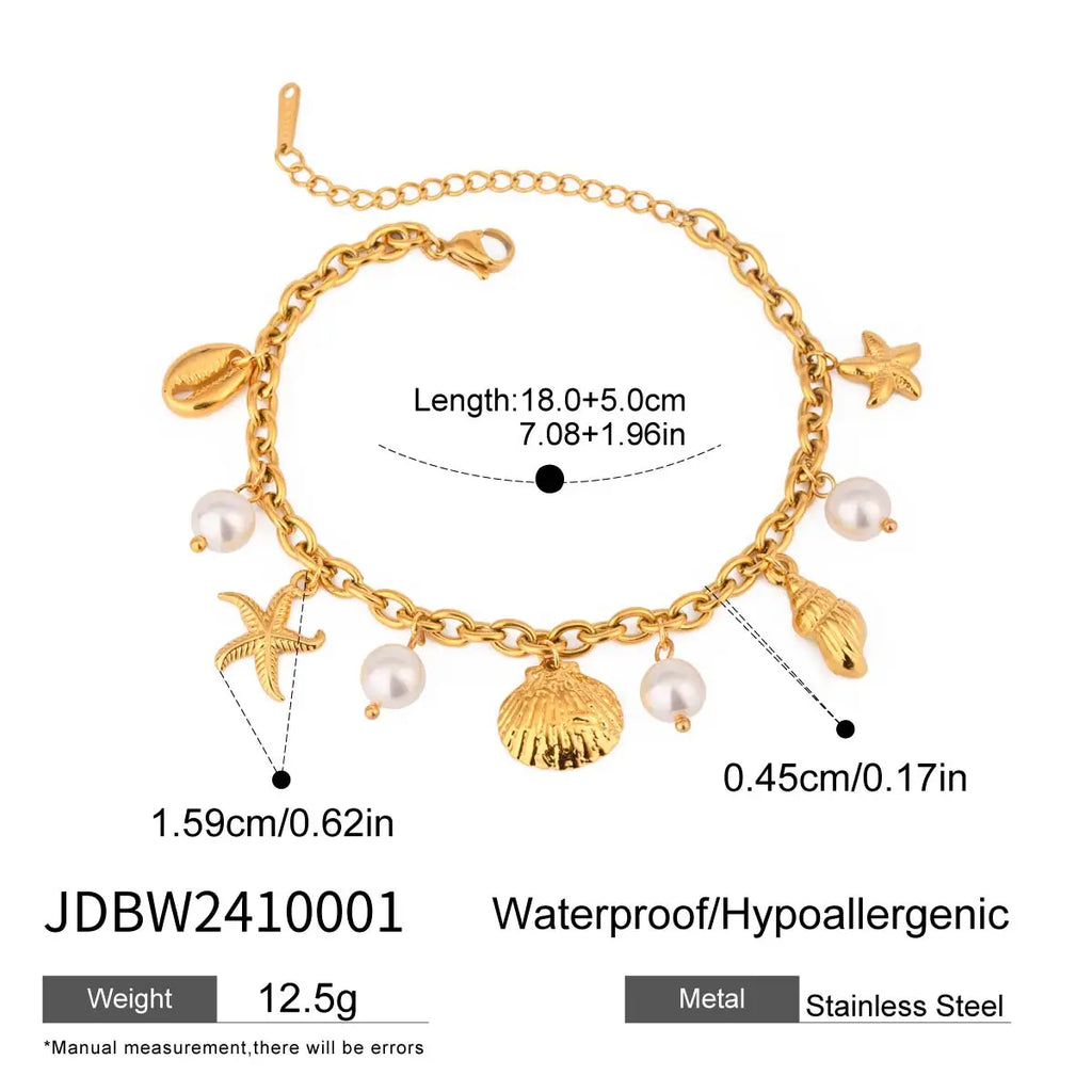 2025 Women's Trendy Holiday Style Conch Pendant Bracelet 18K Gold-plated Stainless Steel Chain Waterproof Jewelry for Vacation