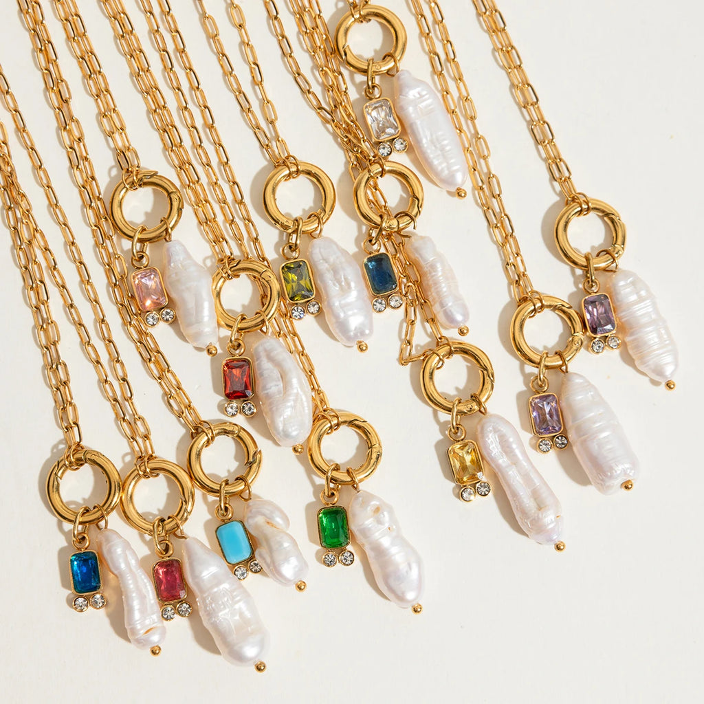 2025 Women's Simple DIY Freshwater Pearl Colored Zircon Pendant Necklace Birthstone 18K Gold-plated Stainless Steel Jewelry