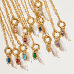 2025 Women's Simple DIY Freshwater Pearl Colored Zircon Pendant Necklace Birthstone 18K Gold-plated Stainless Steel Jewelry