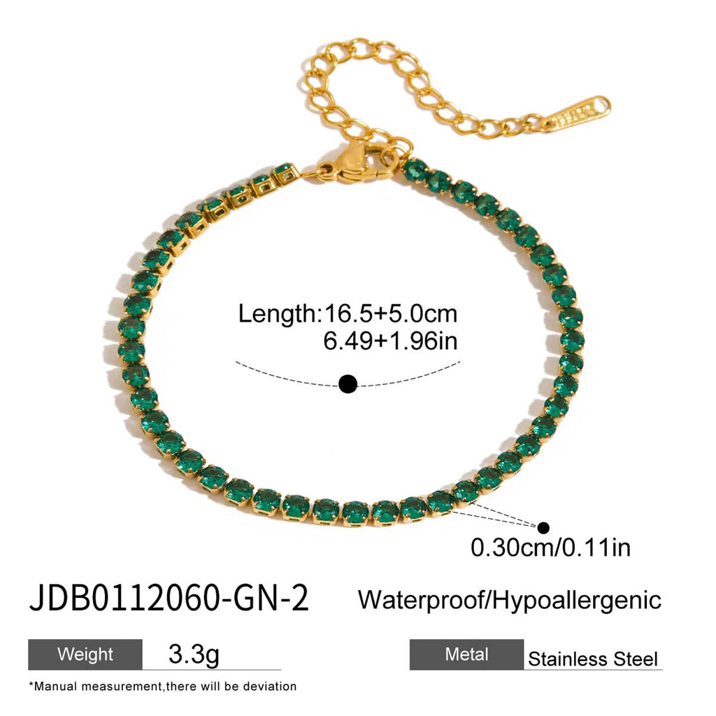 2025 Women's Fashion Trend Green Zircon Tennis Chain Bracelet 18K Gold-plated Stainless Steel All-match Jewelry for Daily Party