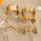 2025 Women's Holiday Style Ribbed Starfish Shell Design Open Bracelet 18K Gold Plated Stainless Steel Waterproof Jewelry