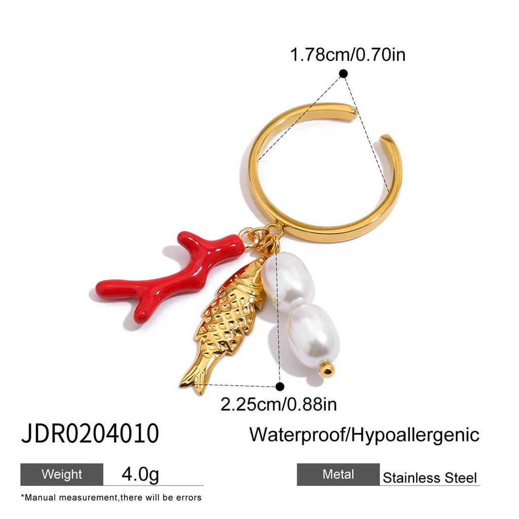 2025 Fashion Personality Girl's Pearl Heart Letter Multi-pendant Open Ring 18K Gold-plated Stainless Steel Waterproof Jewelry