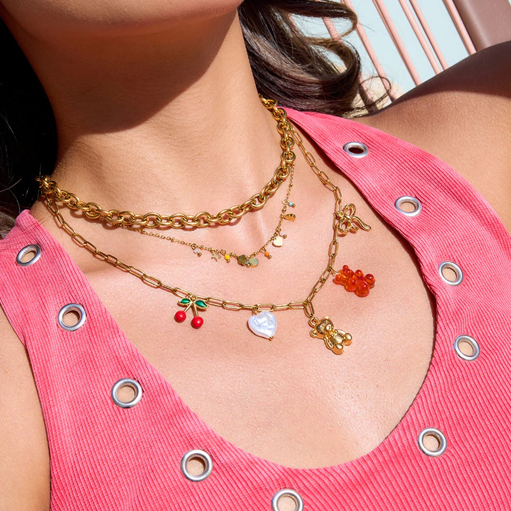 2025 Sweet Women's Colorful Crystal Multi-pendant Necklace 18K Gold-plated Stainless Steel Heart Star Pendant Waterproof Jewelry