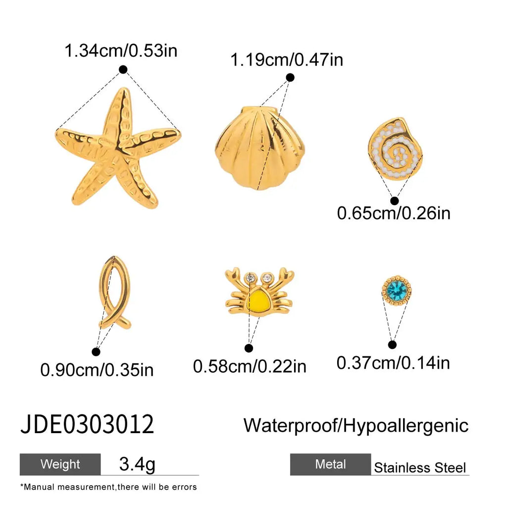 2025 6Pcs/set Women's Exquisite Marine Element Earrings 18K Gold-plated Stainless Steel Starfish Shell Crab Waterproof Earrings