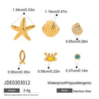 2025 6Pcs/set Women's Exquisite Marine Element Earrings 18K Gold-plated Stainless Steel Starfish Shell Crab Waterproof Earrings