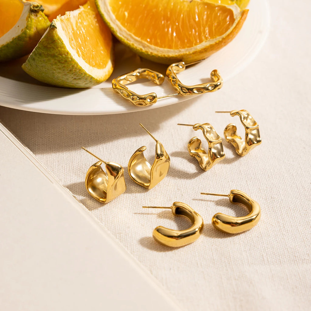 2025 Minimalist Classic 18K Gold Color Plated Wave Hammer Texture C-Shaped Earrings Hypoallergenic Stainless Steel Women Jewelry