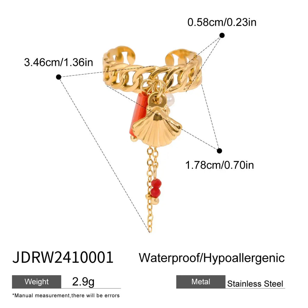 2025 Boho Adjustable Tassel Ring Gold Plated Stainless Steel Chain Coral Pearl Shell Charm Beach Vacation Jewelry