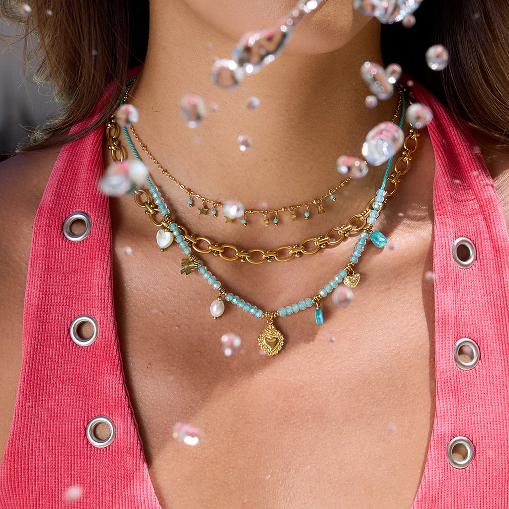 2025 Sweet Women's Colorful Crystal Multi-pendant Necklace 18K Gold-plated Stainless Steel Heart Star Pendant Waterproof Jewelry