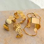 2025 Women's Holiday Style Ribbed Starfish Shell Design Open Bracelet 18K Gold Plated Stainless Steel Waterproof Jewelry