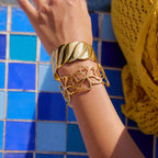 2025 Fashion Trend Women's Hammer Pattern Wide Open Bracelet 18K Gold-plated Stainless Steel Waterproof Jewelry for Party