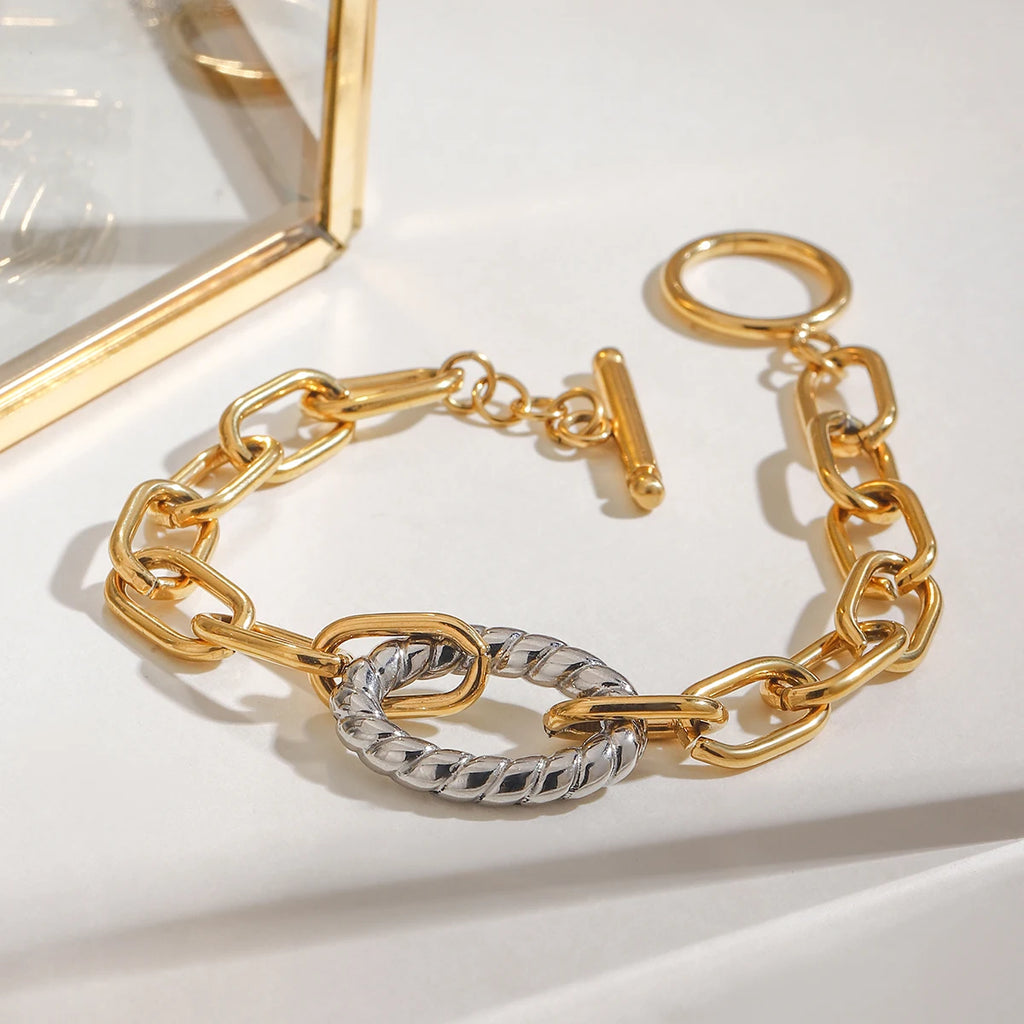 18K Gold Stainless Steel Gold and Silver Matching Color Oval Twisted Pendant Interlocking Oval Two-Tone Bracelet
